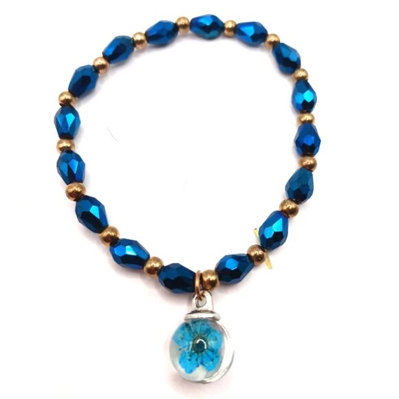 Blue + Gold Beaded Flower Stretch Stretchy Bracelet - Picture 9 of 9